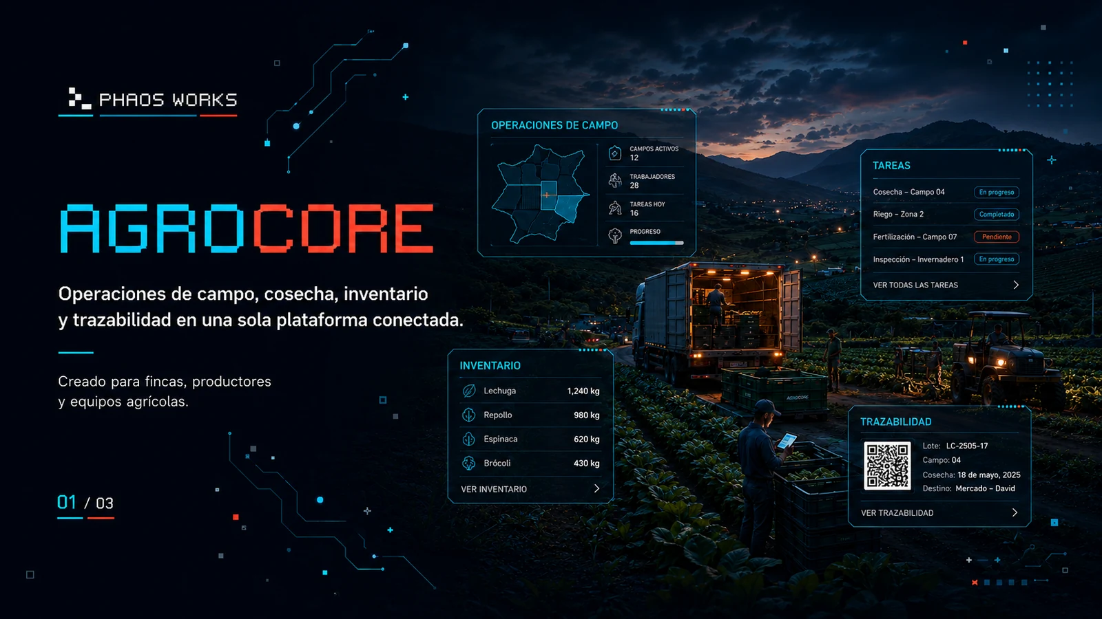 AGROCORE operaciones de campo, cosecha, inventario y trazabilidad