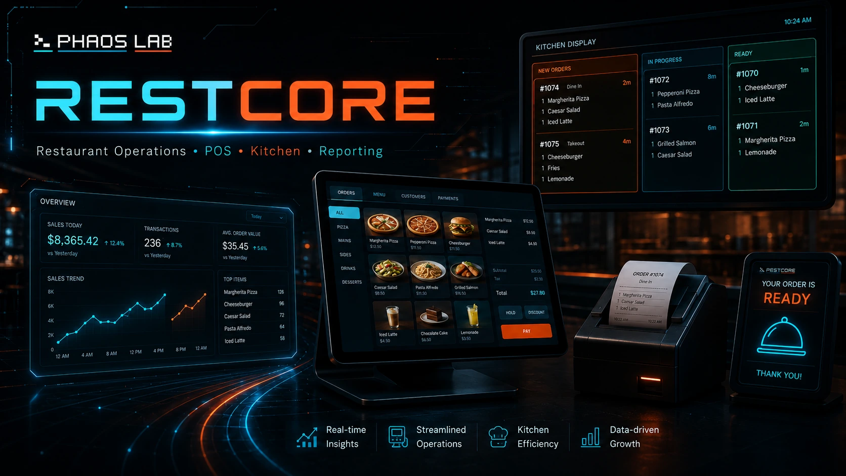 RESTCORE connecting POS, kitchen workflow, reporting, and customer display for restaurants.