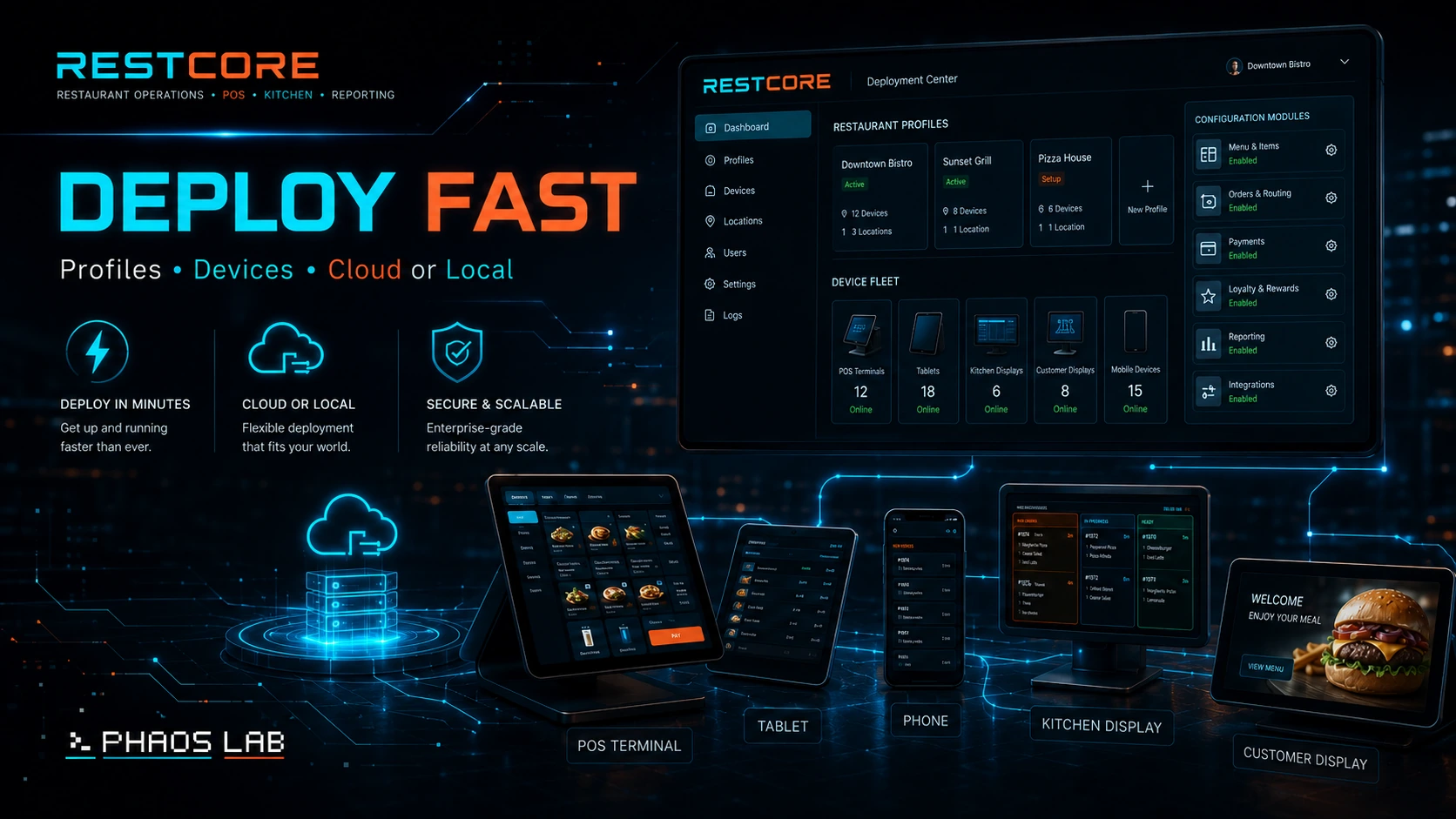 RESTCORE showing adaptive workflows for food trucks, fondas, restaurants, and fast-food operations.