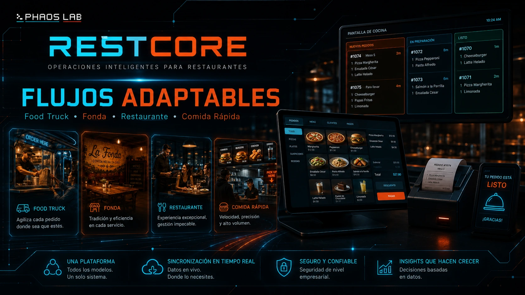 RESTCORE mostrando flujos adaptables para food trucks, fondas, restaurantes y comida rápida.