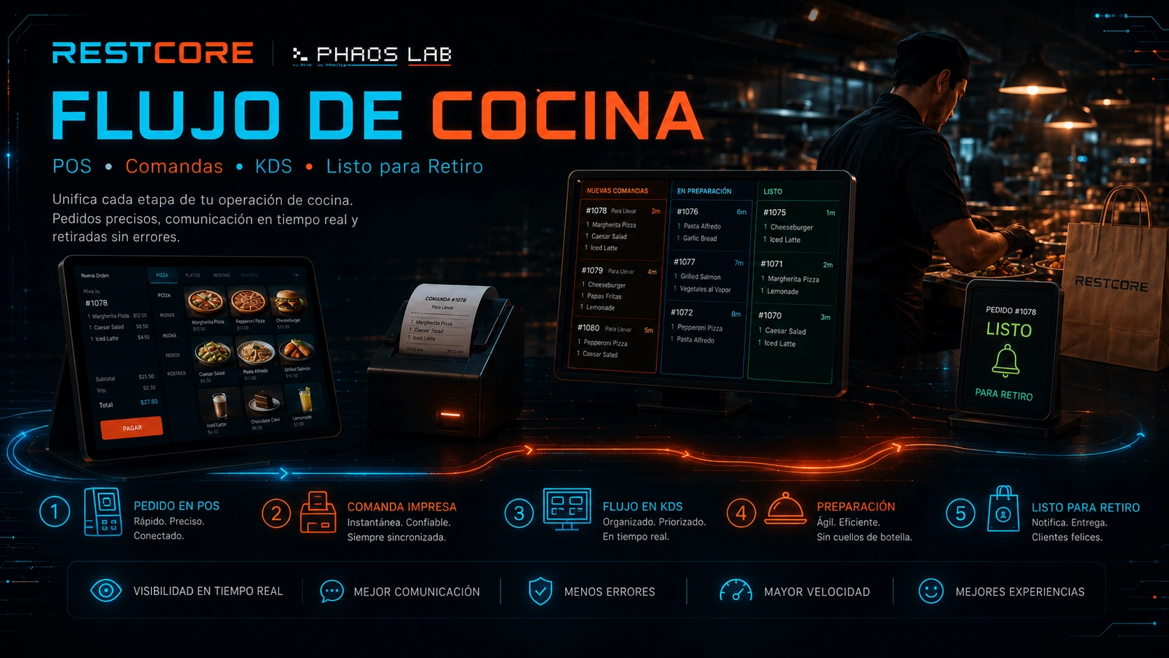 RESTCORE mostrando flujo de cocina con POS, comandas, KDS, preparación y retiro.